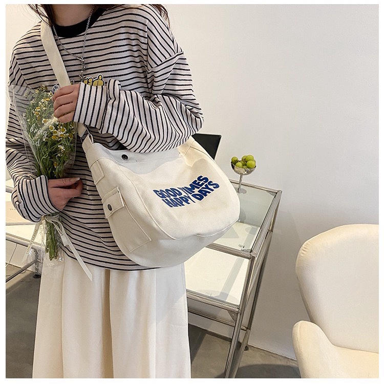 Túi tote đeo chéo vải canvas Happy Days thời trang Hàn Quốc đi học đi chơi dành cho cả nam và nữ tiện dụng