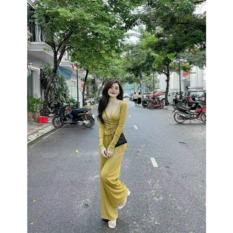 (Miễn Phí Ship 2022) Sét bộ nữ ống rộng,áo tay dài cổ tim rút dây eo chất thun gân mềm,hàng chuẩn shop,diện lên xinh ĩu