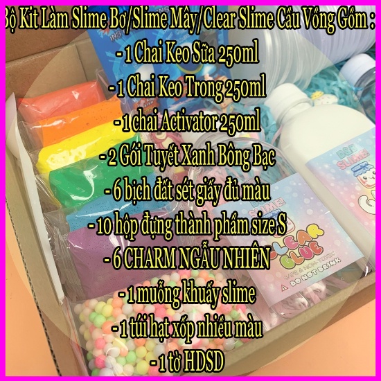 Bộ Kit Làm Slime Bơ/Slime Mây/Clear Slime Cầu Vồng  30 Món Đầy Đủ Nhất - Kèm Charm và HDSD