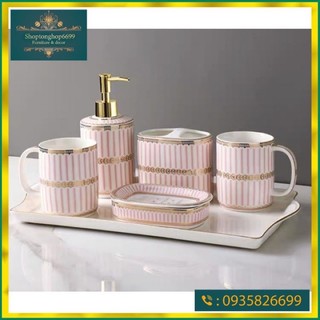 Bộ đồ dùng nhà tắm gốm sứ kẻ hồng xinh