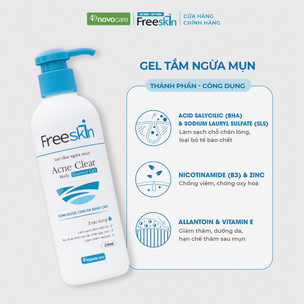 Combo 2 chai gel tắm ngừa mụn Novocare - Freeskin ngăn ngừa viêm nang lông, mụn viêm dùng cho da nhạy cảm 250ml