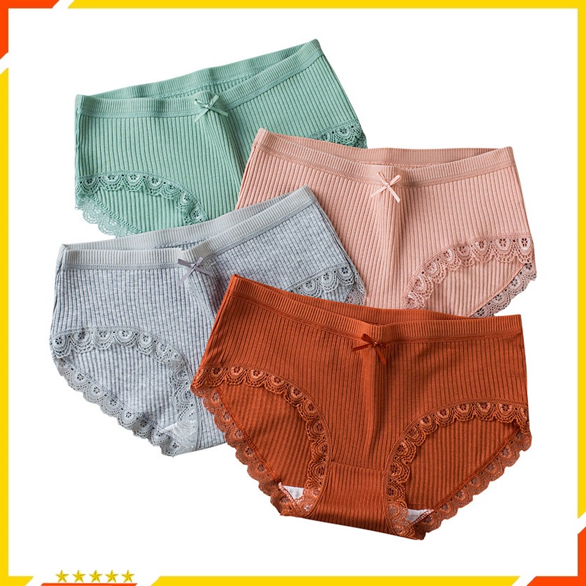 Quần Lót Nữ Cotton Kháng Khuẩn Gân Tăm Freeship Quần Chip Nữ Viền Ren Siêu Mềm Mịn Thoáng Mát QL09 - Size 35-65kg