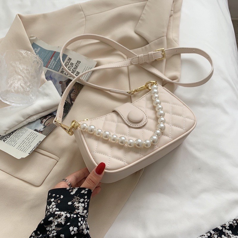 Túi Xách Nữ Đẹp Trần Trám Khoá Lắp Cúc Kèm Dây Ngọc, Đeo Chéo Đeo Vai Phong Cách Trẻ Trung