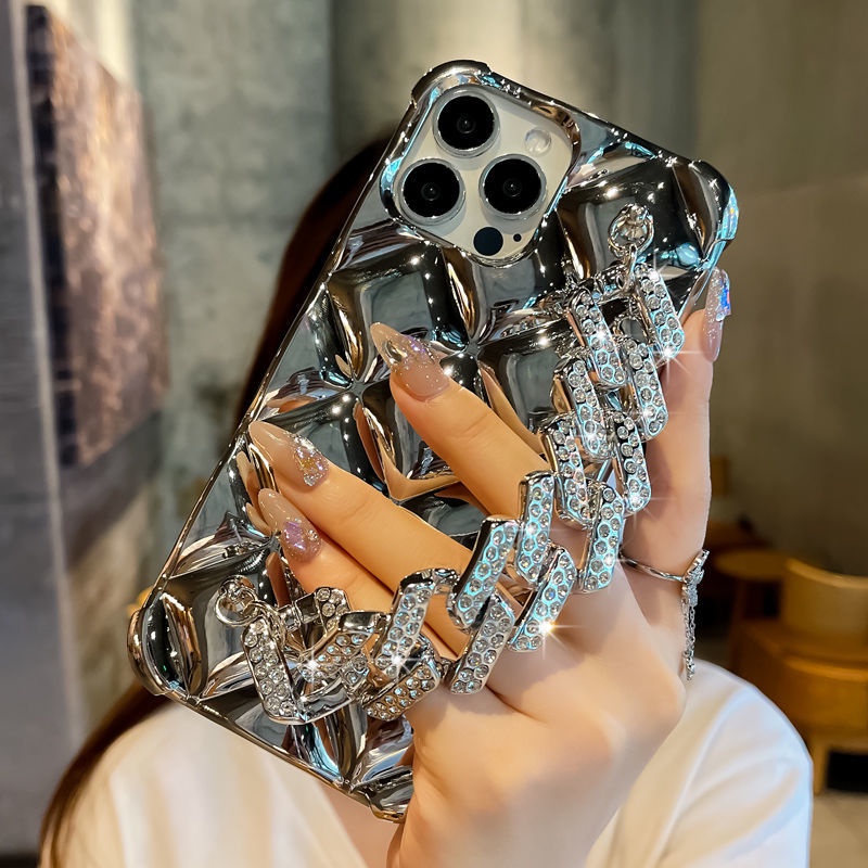 Mạ sang trọng hình thoi glitter bracelet chain case cho samsung galaxy s22 ultra ss22 + s21 plus s21 vỏ siêu mềm với kim cương