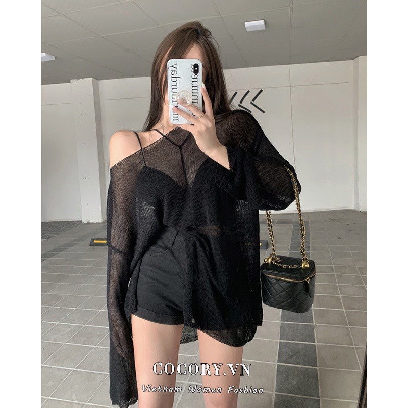 Áo thun nữ tay dài vải lưới mỏng, form rộng, cổ thuyền xẻ tà cao sexy, quyến rũ