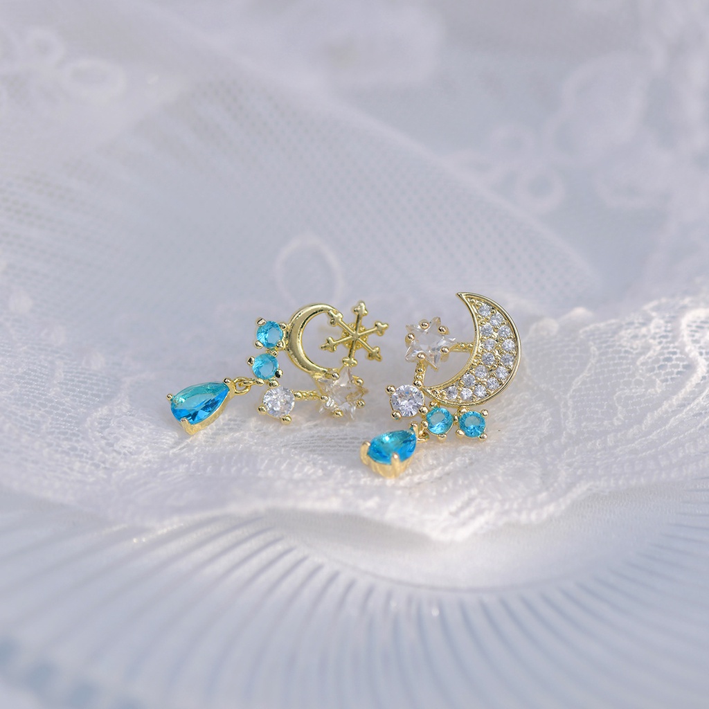 Bông Tai Bất Đối Xứng Hình Ngôi Sao Và Mặt Trăng Đính Đá Zircon Thời Trang Cho