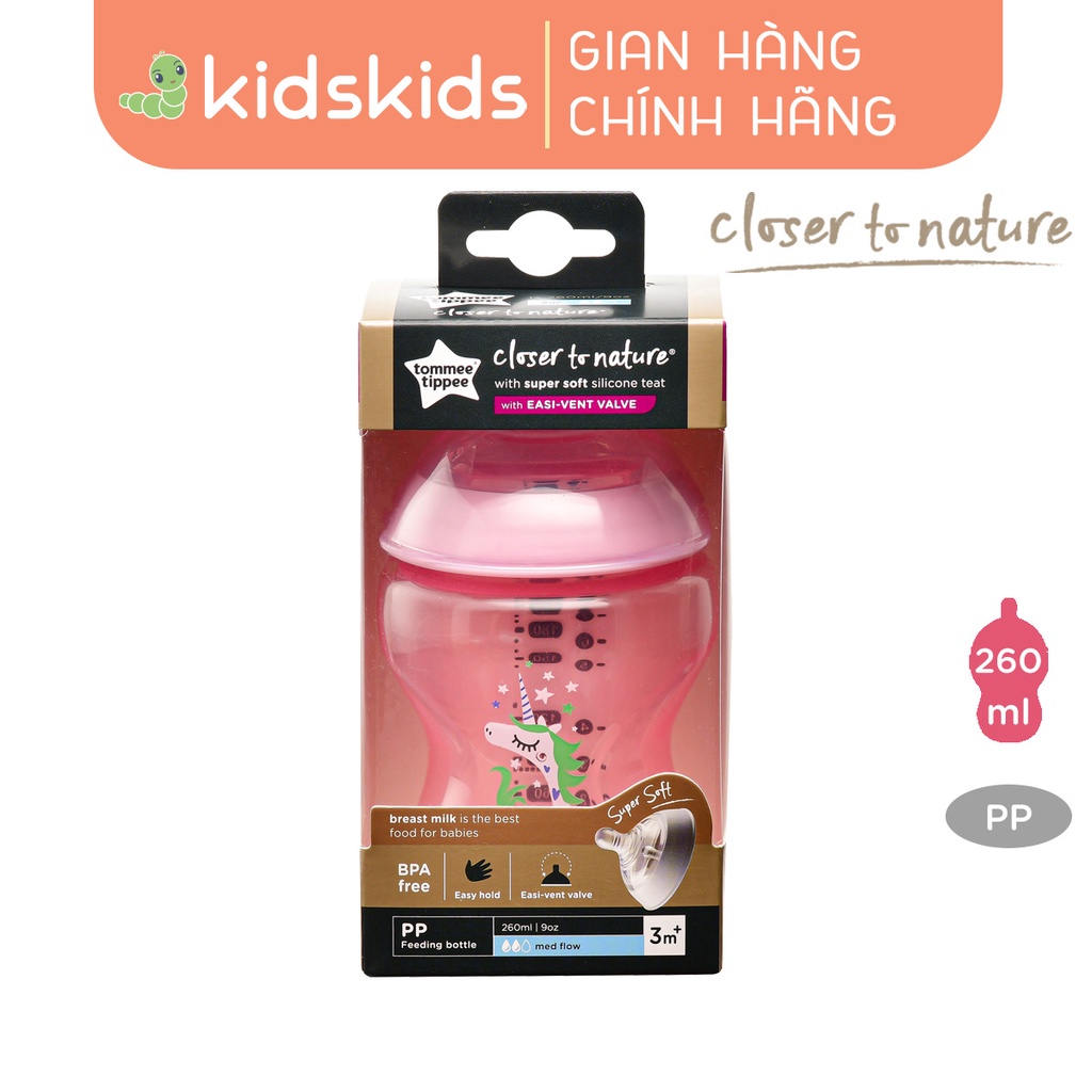 Bình sữa ty siêu mềm tự nhiên Tommee Tippee Closer to Nature 260ml, núm ty đi kèm 3-6 tháng – Hồng