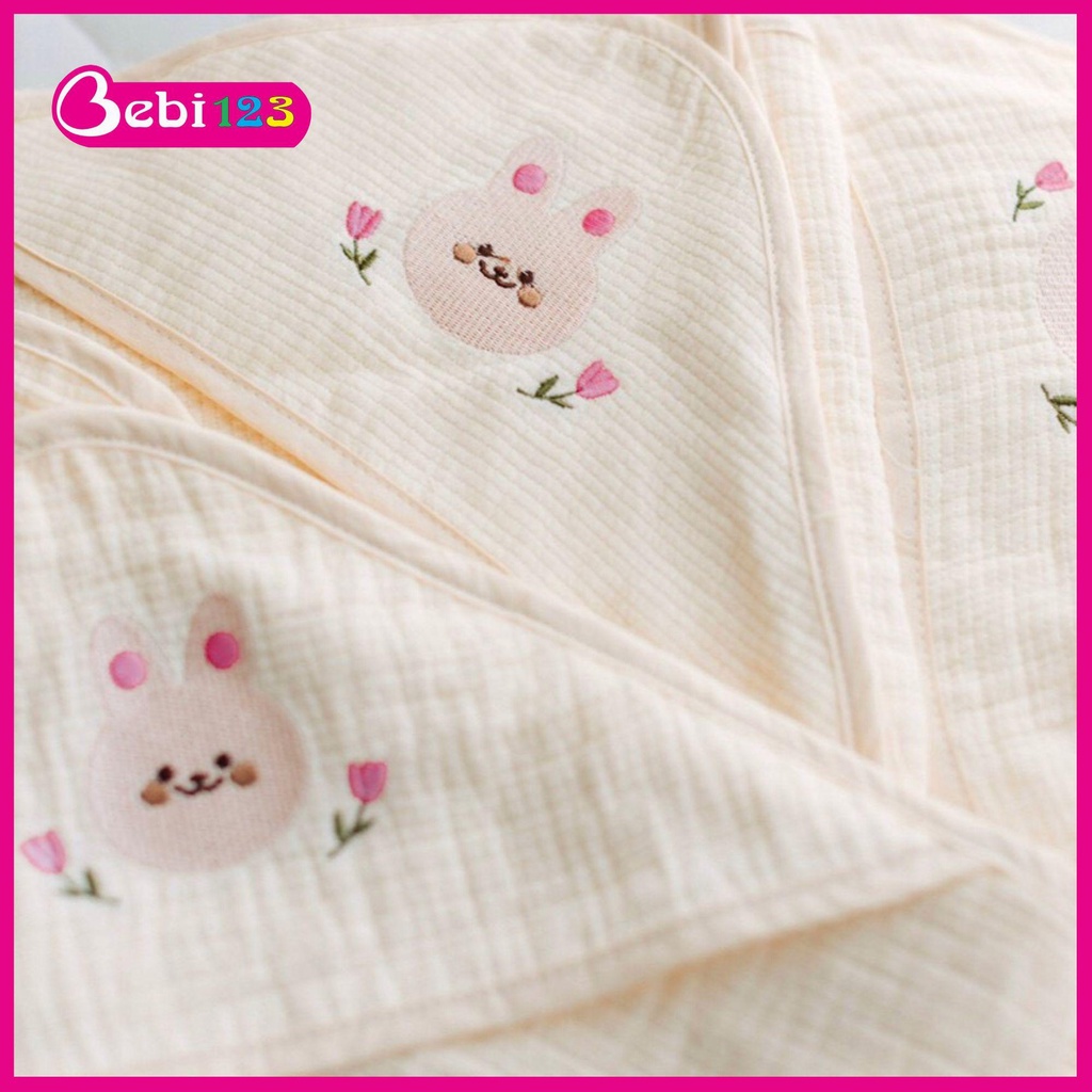 Ủ xô Molli cao cấp Thêu hình Gấu Thỏ, khăn tắm quấn bé có mũ Molli