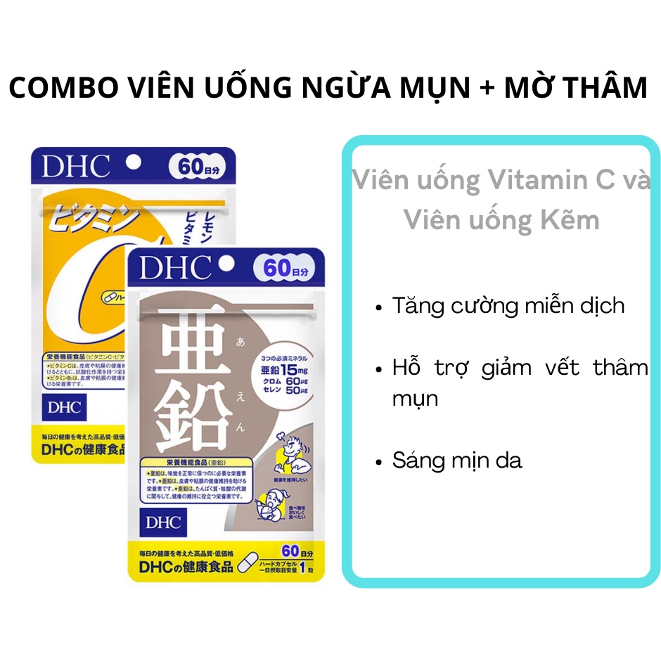 COMBO VIÊN UỐNG VITAMIN C + KẼM HỖ TRỢ SÁNG DA VÀ NGỪA MỤN, MỜ THÂM 60 NGÀY - HÀNG NỘI ĐỊA NHẬT
