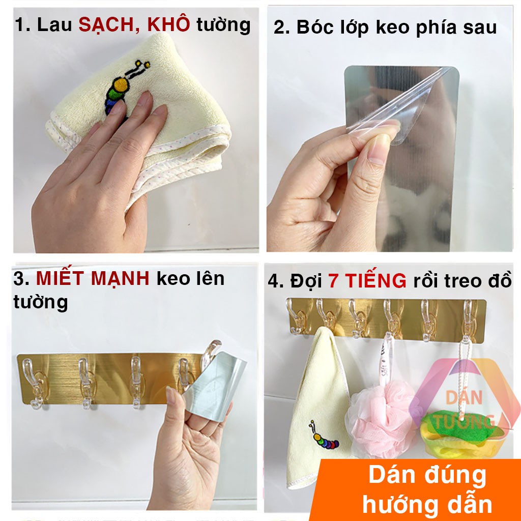 Thanh 6 Móc Dán Tường Phủ Bạc Chống Nước Siêu Dính, Chịu Lực Trên 10kg