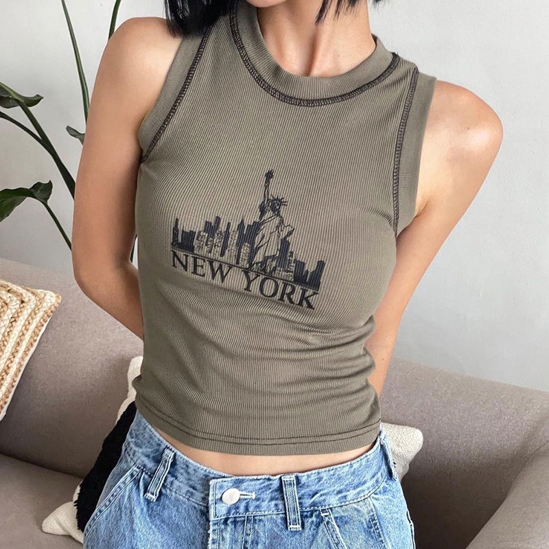 Áo Dệt Kim Hai Dây Dáng Ngắn Nhỏ Ôm Sát Màu Tương Phản In Họa Tiết Dễ Thương Phong Cách Retro Mỹ Dành Cho Bạn Nữ