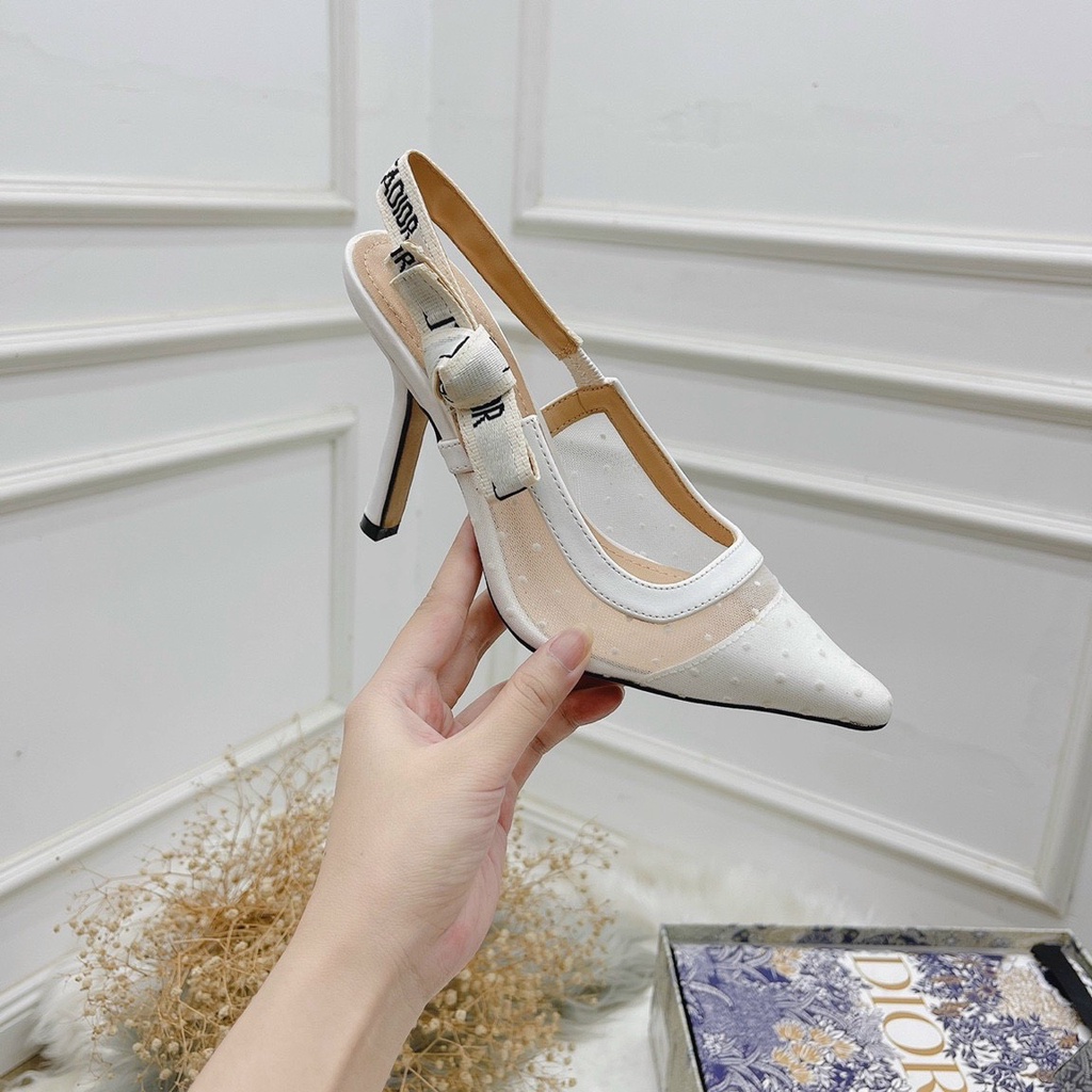 Giày cao gót lưới trắng chấm bi quai chun hàng Quảng Châu cao cấp.