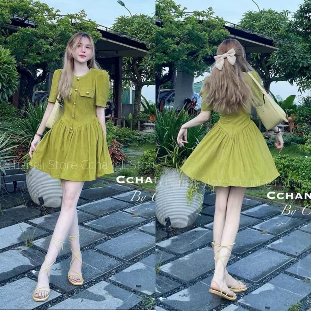 Đầm nữ dáng xoè tay ngắn cổ tròn nút đóng chất thun gân cao cấp