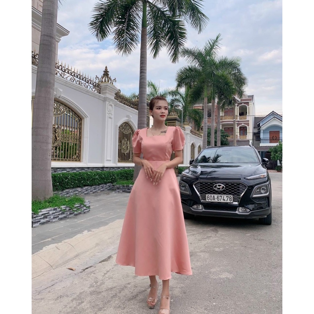 [11.11 Sale Freeship] Đầm dự tiệc nữ,đầm thun lạnh dài có mút tay ngắn cổ vuông ôm eo thắt nơ lưng cài khuy dáng xòe dx