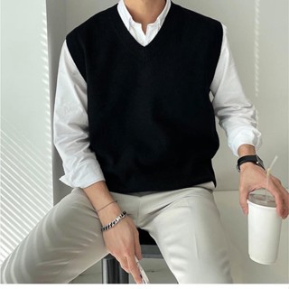 Áo len gile nam cổ tim gân trơn form rộng cao cấp chất liệu lông cừu mềm mại