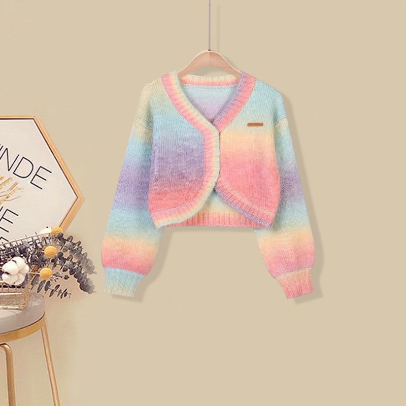 Plus Bộ Áo Cardigan Dệt Kim Màu Gradient Phối Đầm Hai Dây Thời Trang Mùa Thu 2021 Cho Nữ