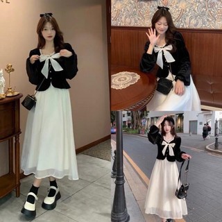 Set áo nhung nơ ngực + chân váy nhung 2 lớp