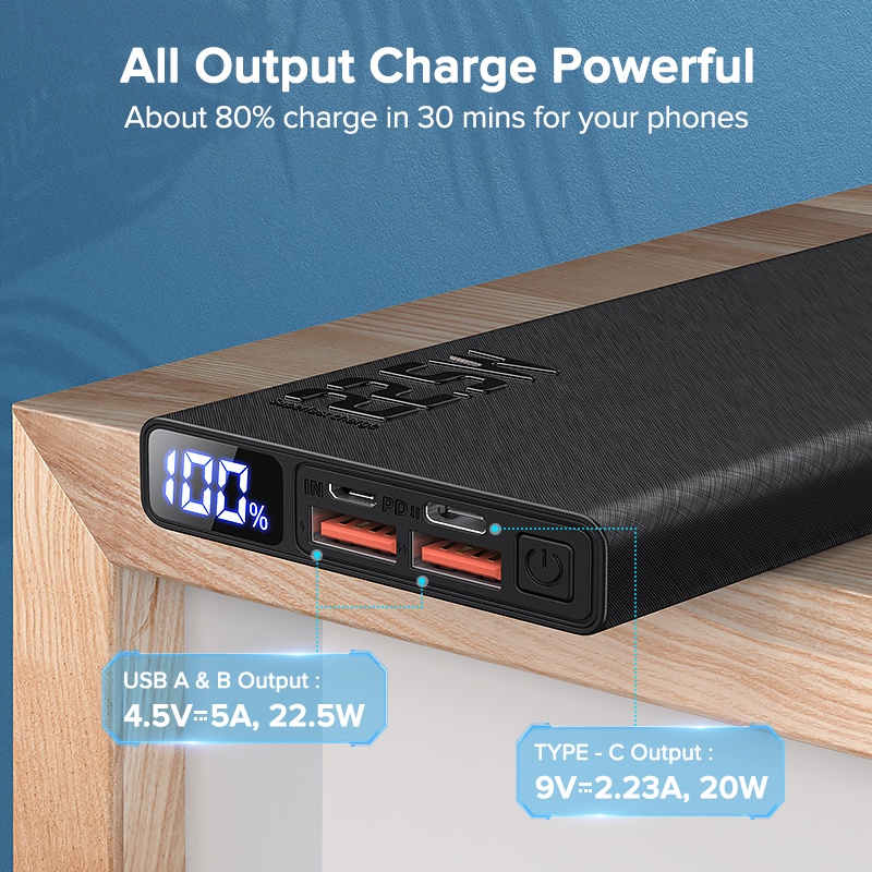 QOOVI Sạc dự phòng 20000mAh sạc nhanh loại C + cổng usb sạc màn hình kỹ thuật số hỗ trợ tất cả các kiểu điện thoại di động