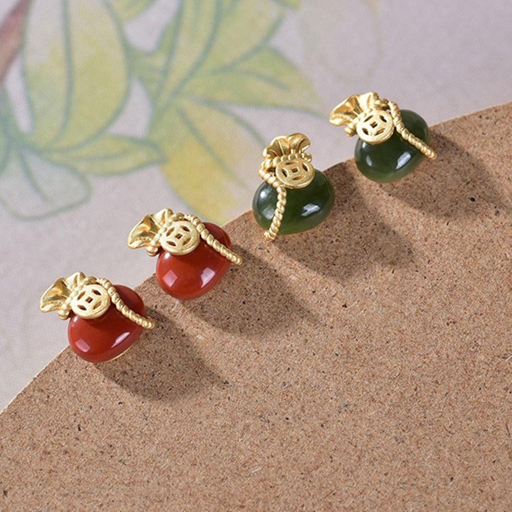 Khuyên Tai Hình Túi Tiền Đính Đá Mã Não Màu Đỏ Phong Cách Trung Hoa Tinh Tế Cho Nữ