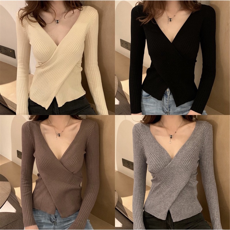 Áo Nữ Tay Dài Cổ Chữ V Vạt Chéo Thời Trang Hàn Quốc Mới