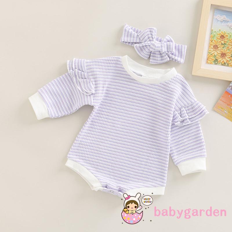 Bộ Áo Liền Quần Dài Tay Phối Bèo + Băng Đô Họa Tiết Kẻ Sọc Thời Trang Mùa Thu Cho Bé Gái 0-18 Tháng Tuổi