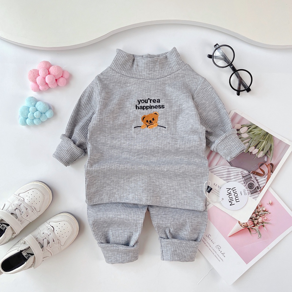 Bộ gân tăm cho bé trai, bé gái kèm hình thêu xinh cổ 3p mẫu mới thu đông từ