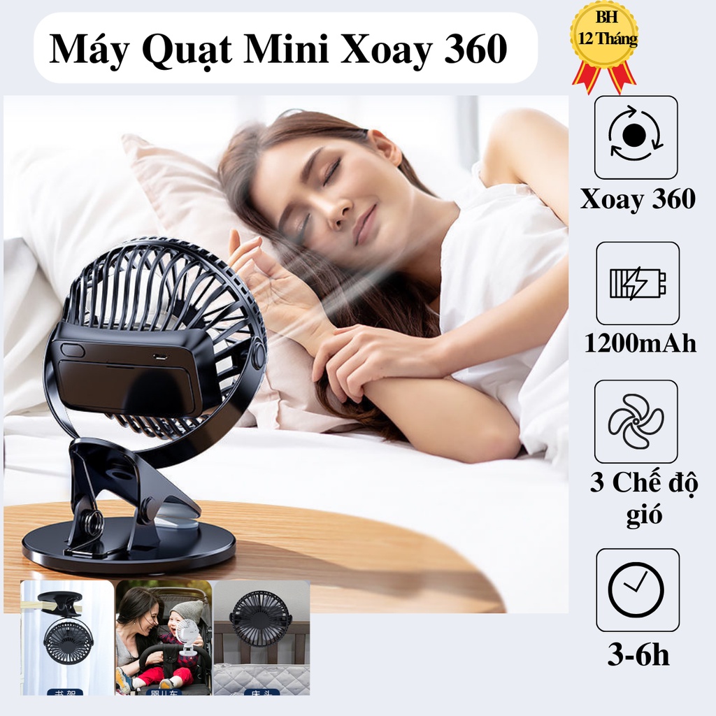 Quạt Gió Sạc Tích Điện Mini Để Bàn Xoay 360 Độ 2 Chiều,Đế Kẹp Chắc Chắn Dung Lượng 1200mAh