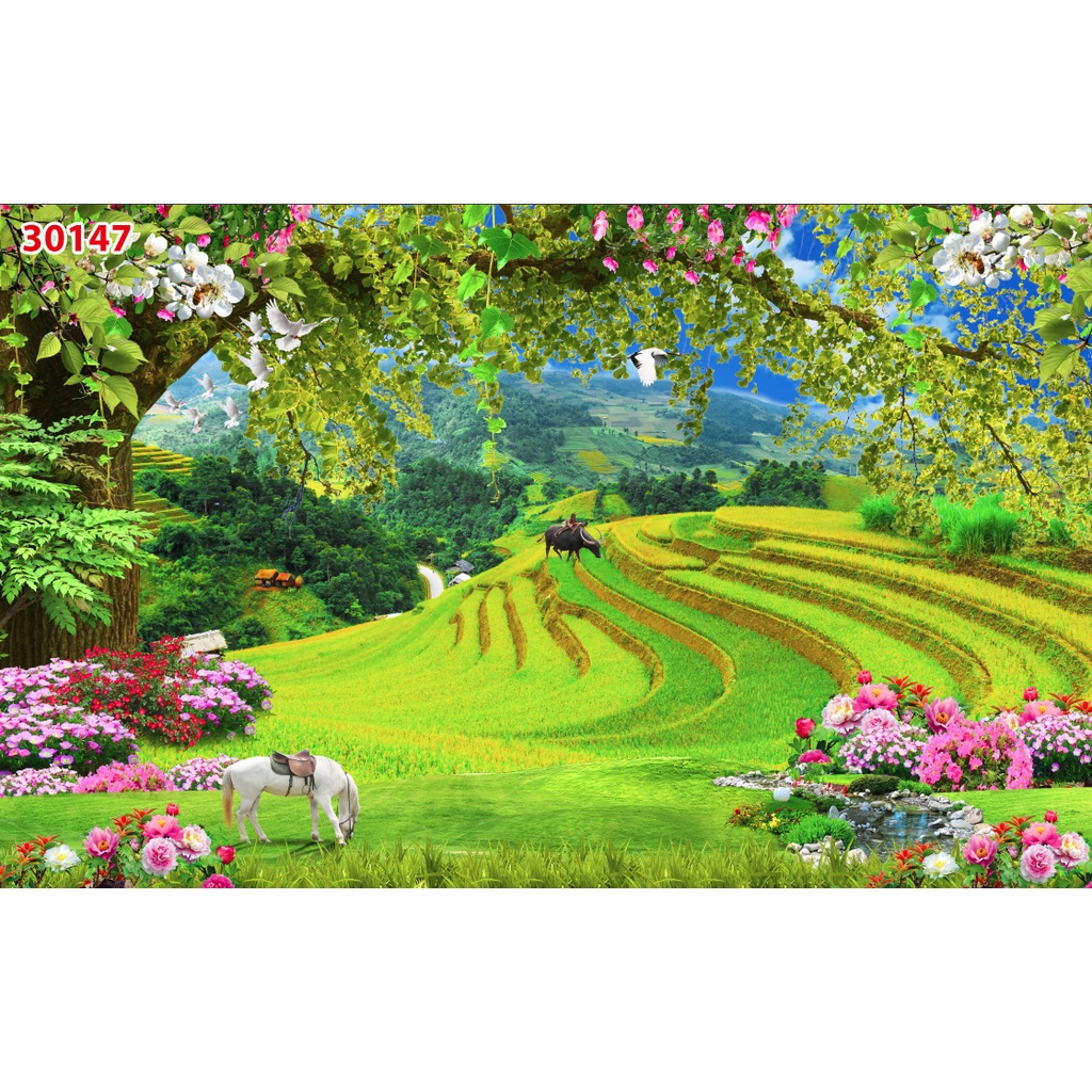 Tranh dán tường thiên nhiêu trong lành hồ cá, rừng cây, cánh đồng lúc chín vàng, hình ảnh làm xóm