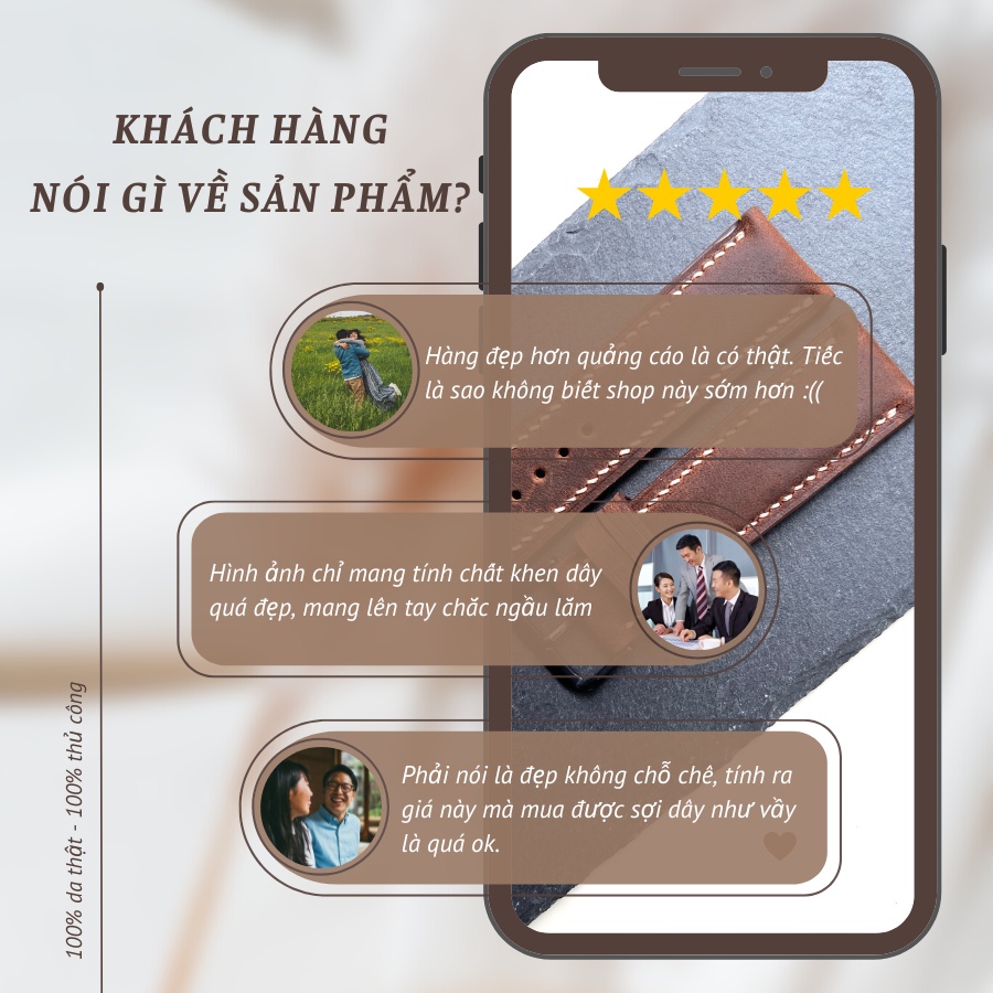Dây Đồng Hồ Da Bò Nam 19mm 20mm 22mm 21mm 24mm, Da Thật, Handmade, Chống Nước, Chính Hãng, Màu Nâu Sáp, BH 12 Tháng