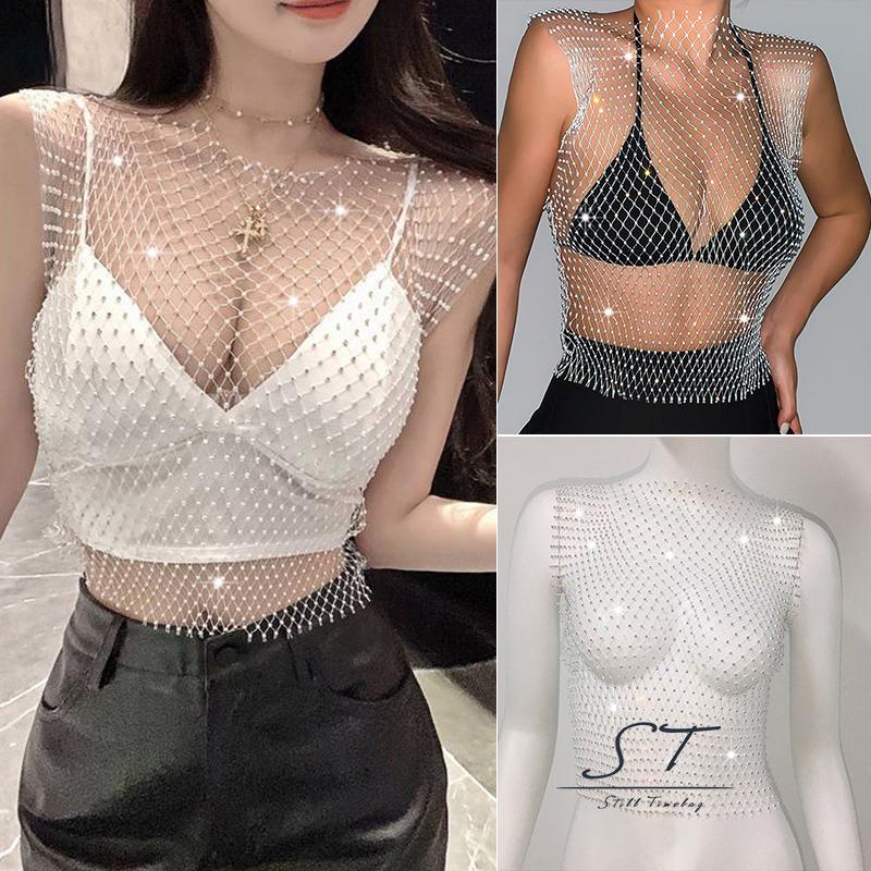 Áo Lưới Không Tay Cổ Tròn / Cổ Chữ V Đính Đá Lấp Lánh CY03 Cho Nữ