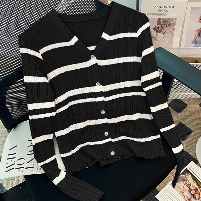Áo cardigan Dệt Kim Cổ Chữ V Dáng Ôm Hoạ Tiết Kẻ Sọc Thời Trang Mùa Thu Dành Cho Nữ