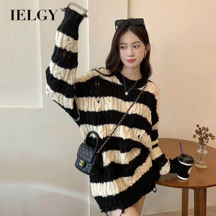 IELGY    Áo sweater Dáng Rộng Họa Tiết Kẻ Sọc Màu Sắc Tương Phản Thời Trang Cho Nữ