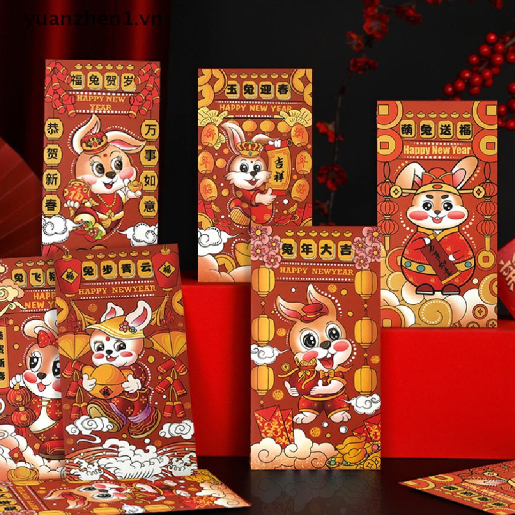 Set 6 Bao Lì Xì Đỏ Đóa Bao Lì Xì Năm Mới 2023 In Họa Tiết Thỏ May Mắn Phong Cách Trung Hoa