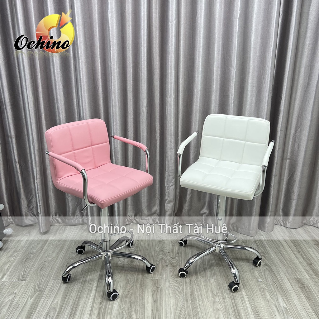Ghế Makeup, Ghế Quầy Bar Có Bánh Xe Điều Chỉnh Độ Cao 65/ 85Cm Và Xoay 360 Độ Mẫu Vịn Tay Inox Sang Chảnh (Đủ Màu)