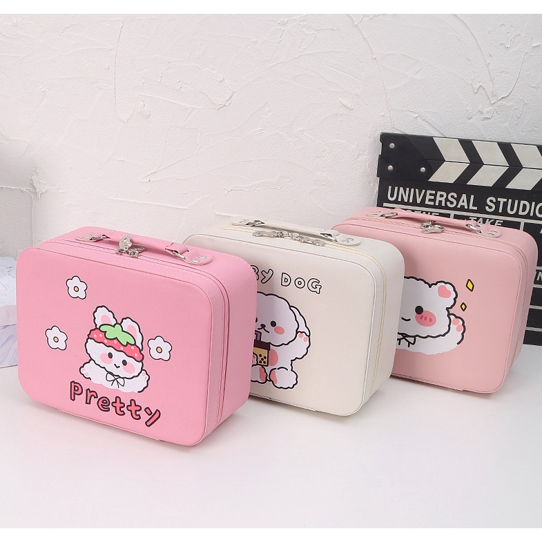 Hộp đựng đồ makeup cá nhân da PU dạng vali xách tay kèm gương gắn bên trong họa tiết dễ thương By Tiệm Của Hương