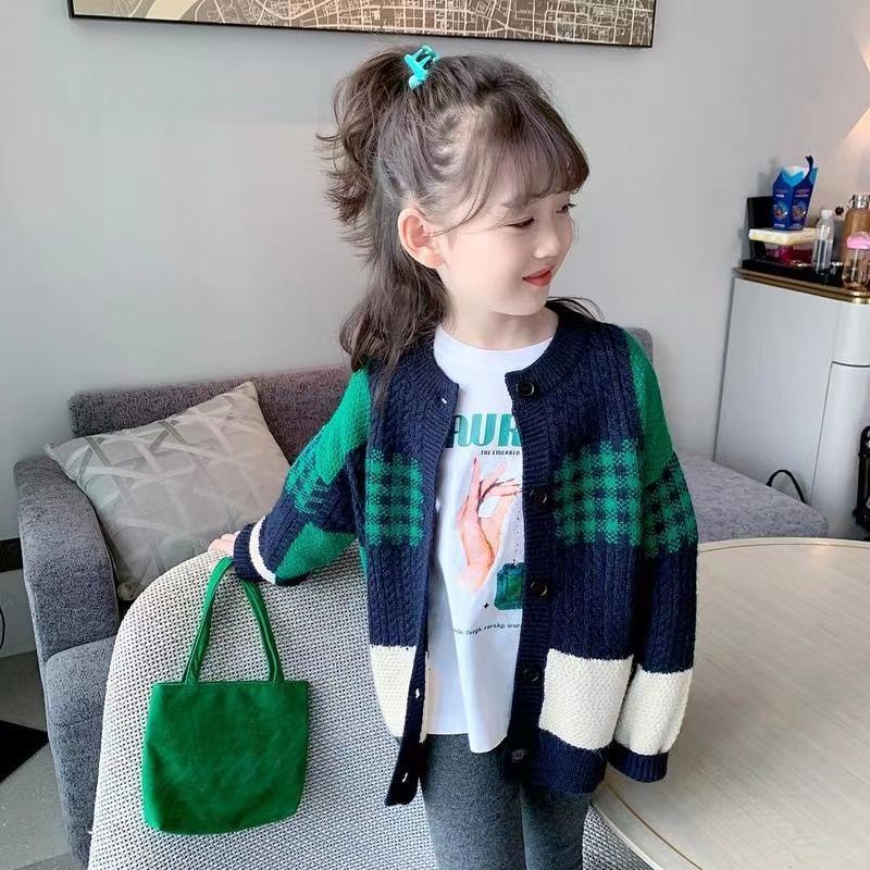 Áo Khoác Cardigan Dệt Kim Màu Sắc Tương Phản Phong Cách Phương Tây Thời Trang Thu Đông 2022 Cho Bé Gái