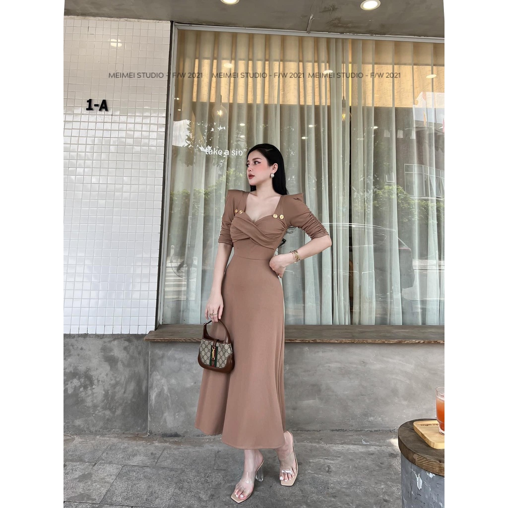 Đầm len tăm Rayon khuy ngực - Váy dáng midi ôm eo tay lỡ - Mặc đi dự tiệc, đi chơi | XKV59 | Meimei Studio