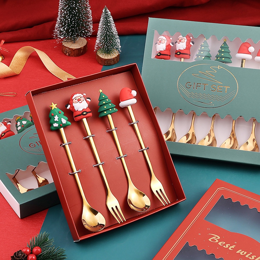 Bộ 4 Muỗng Cà Phê Bằng Thép Không Gỉ Hình Cây Thông Giáng Sinh