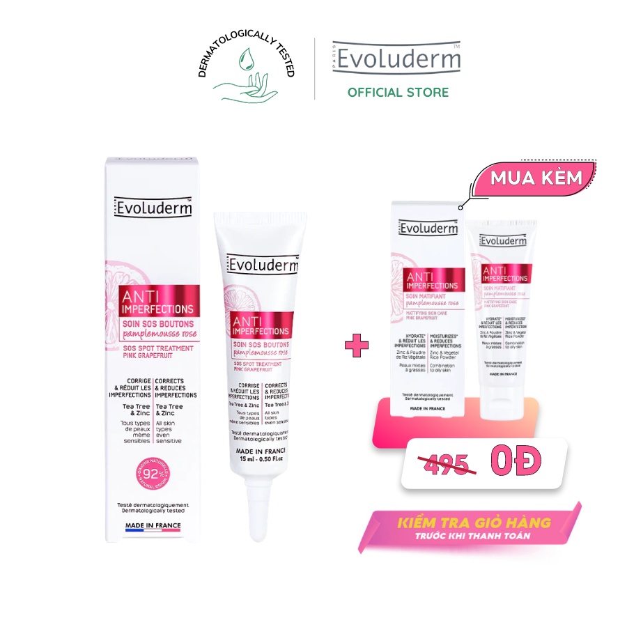 Gel chấm giảm mụn cấp tốc SOS Spot Treatment chiết xuất Bưởi hồng Evoluderm 15ml