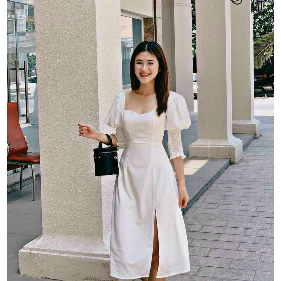 Đầm tiểu thư dự tiệc cưới, đầm suông xẻ tà dáng dài có mút đi chơi siêu đẹp, thiết kế phong cách hàn quốc