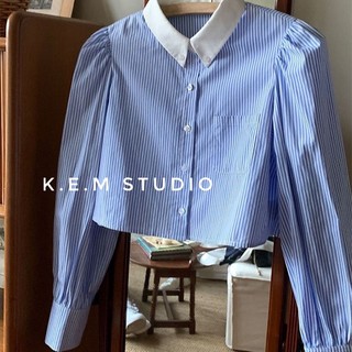Áo sơ mi kẻ dáng croptop phối cổ /kemstudio