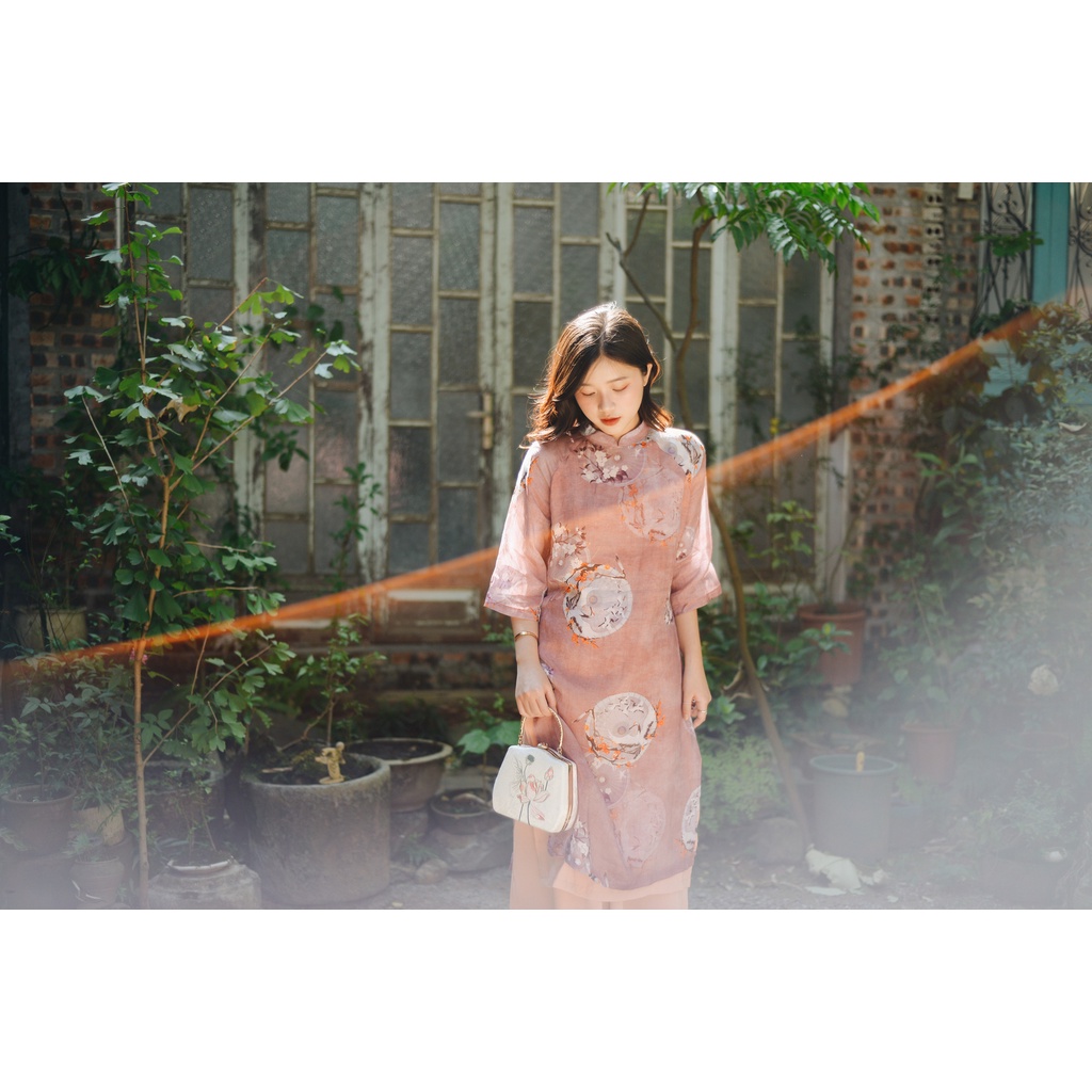 Áo dài linen tơ 2 lớp dáng suông AD555 - chim hạc màu hồng