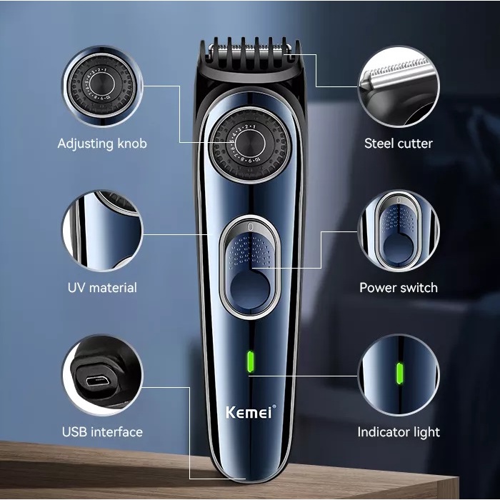 Tông Đơ Cắt Tóc Gia Đình Kemei KM-1256 Điều Chỉnh 10 Mức Độ Dài Lưỡi Kèm Lược Căn Độ Dài Sạc USB