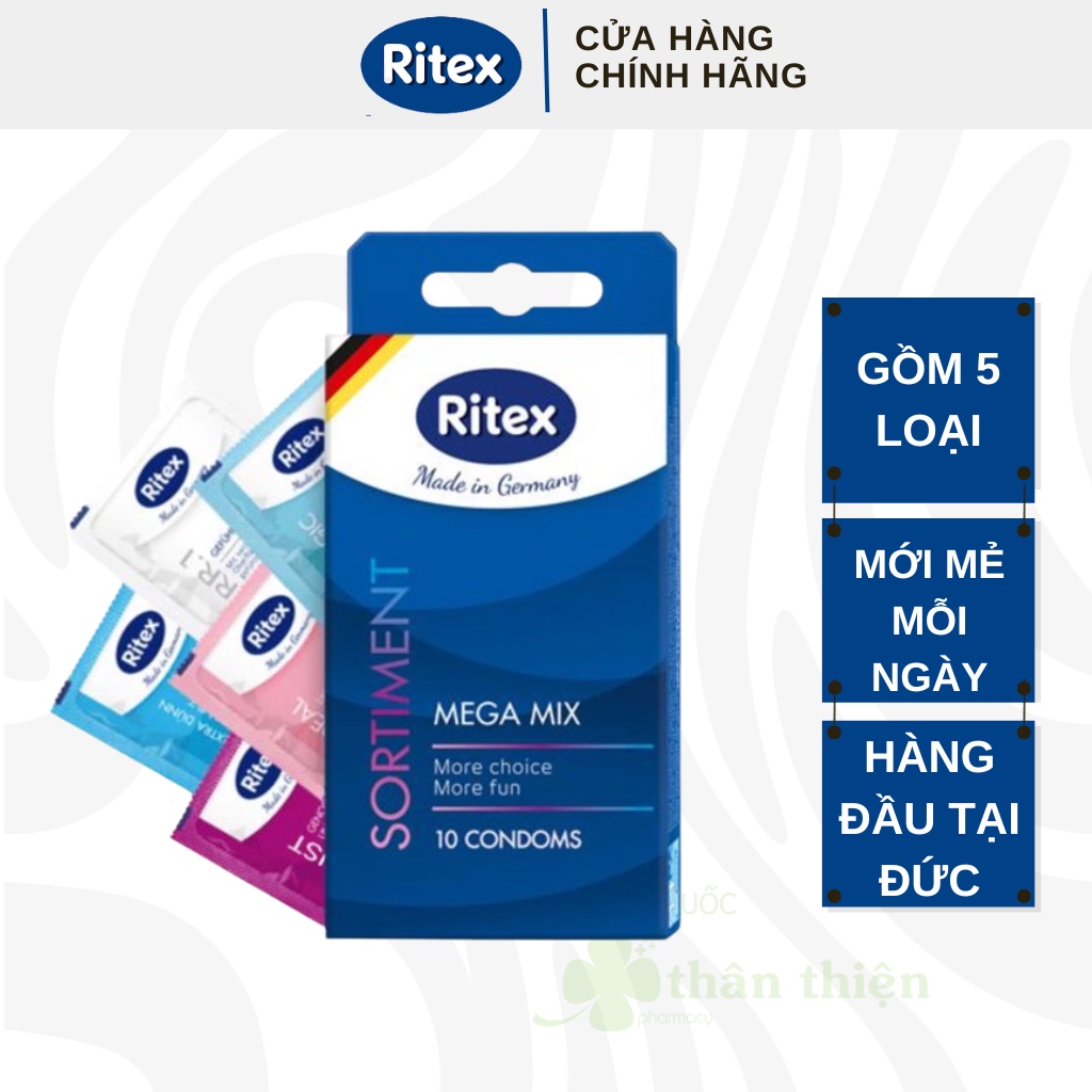 Bao cao su Ritex Sortiment – 5 loại khác nhau trong 1 hộp, từ siêu mỏng tới gân gai, thỏa mãn mọi cuộc yêu