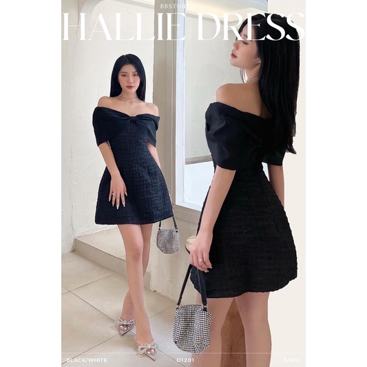 Đầm xoè trễ vai phối nơ hình thật