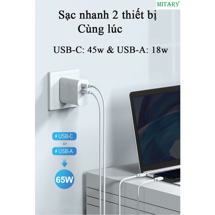 Củ Sạc Nhanh Pd Qc3.0 2 Cổng 65W Công Nghệ GaN Sạc Nhanh Cho Điện Thoại Máy Tính Bảng, Laptop