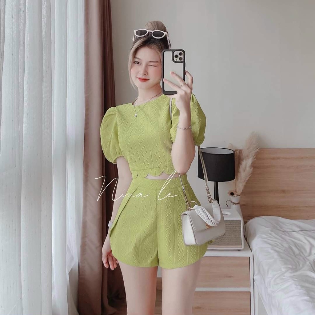 SET ÁO CROP TOP LINE LƯỢN SÓNG BUỘC NƠ LƯNG CẮT LAZE