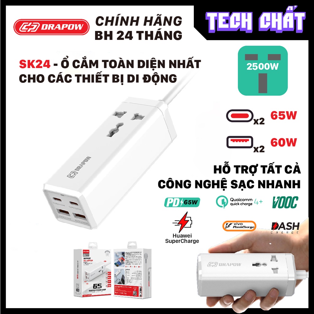 Ổ cắm điện tích hợp củ sạc nhanh 65w sk24 type c chính hãng Drapow nhiều công nghệ sạc nhanh nhất SK 24 tech chất