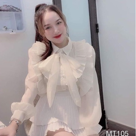 Áo sơ mi nữ kiểu dài tay tiểu thư chất vải voan 2 lớp cổ phối nơ ren màu trắng kem áo sơ mi công sở đẹp kiểu tay phồng
