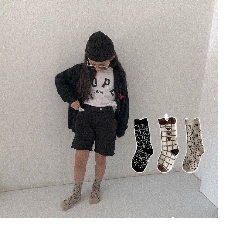 Tất cho bé ❤️Freeship❤️Lố 5 đôi Tất len cao cổ cho bé hình gấu thoi xám xinh xắn